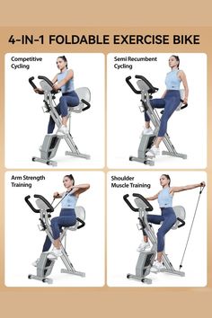 a woman is doing exercises on an exercise bike with the instructions for how to use it