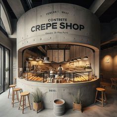 the counter area of a confecte shop with wooden stools