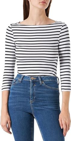 Amazon.com: Amazon Essentials Women's Slim-Fit 3/4 Sleeve Solid Boat Neck T-Shirt, White Stripe, X-Small : Clothing, Shoes & Jewelry Womens Knit Tops, Summer Work Outfits, Boat Neck Tops, Amazon Essentials, Classic Wardrobe, Slim Fit Shirt, Casual Trousers, Boat Neck, Striped Shirt