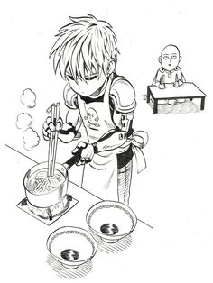 a black and white drawing of a boy cooking food with chopsticks in front of him