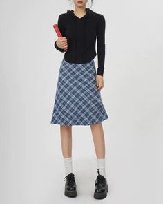 This blue midi skirt features a classic plaid pattern in an A-line silhouette. It has a fitted waistband and falls to the knee, offering a clean, structured look Size:• S: Waist: 64cm/ 25.2 in, Length: 63cm/ 24.8 in• M: Waist: 68cm/ 26.8 in, Length: 64cm/ 25.2 in• L: Waist: 72cm/ 28.3 in, Length: 65cm/ 25.6 inMaterial: Polyester Plaid Skirt Knee Length, Navy Blue Skirt Outfits, Blue Plaid Skirt Outfit, Plaid Skirt Outfit Aesthetic, Knee Length Skirt Outfit, Knee Length Skirts Outfits, Y2k Outfits Grunge, Aesthetic Clothes Y2k, Blue Skirt Outfits