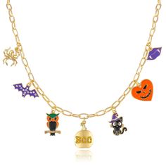 PRICES MAY VARY. 🕷Enchanting Halloween-Themed Charms🕷: This Halloween Charm Necklace is a must-have accessory for anyone who loves the spooky season. The Halloween necklace showcases an array of detailed charms, including a golden spider, a purple bat embellished with shimmering rhinestones, an owl, a pumpkin with the playful "BOO" inscription, a black cat wearing a witch hat, a sinisterly grinning pumpkin, and purple lips with sharp vampire teeth. 🦇Superior Quality and Craftsmanship🦇: Made Cat Spider, Spider Skull, Perfect Halloween Party, Christmas Horror, Horror Party, Vampire Teeth, Halloween Costume Party, Charm Choker Necklace, Halloween Festivities