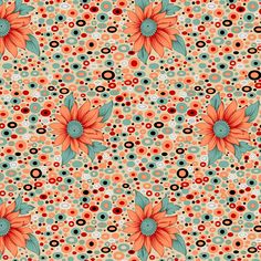 an orange flower and circles pattern on a beige background with black, green, red, and blue dots