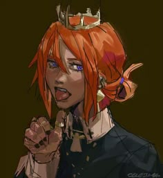 an anime character with red hair wearing a crown on her head and holding his hand up to the side