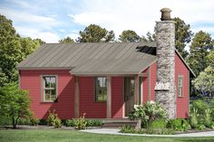 a small red house with a chimney in the front yard