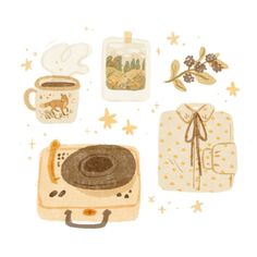 an illustration of coffee, toaster and other items on a white background with stars