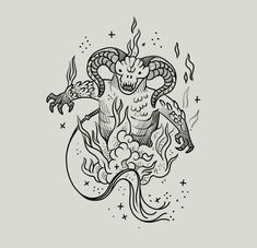 a black and white drawing of a demon with two snakes on it's back