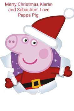 a pig with a santa hat hanging from a string on a white background and the caption reads, merry christmas