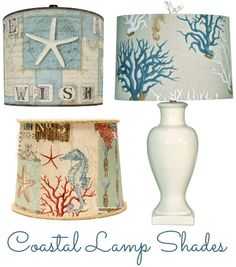 three lamps with different designs on them and the words coastal lamp shades written below it