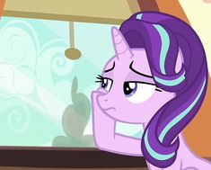 a pinkie is looking out the window at someone else in front of him and she has purple hair