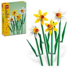 a bunch of daffodils that are in front of a box