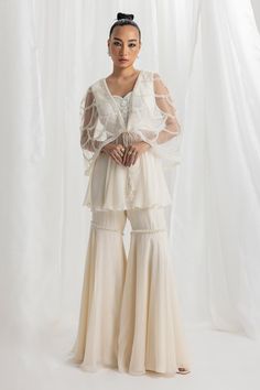 Ivory Peplum-Net Pearl Embellished Tassel Cape Peplum Top And Gharara Set Indian Dress Up, Tuxedo Accessories, Sweetheart Top, Printed Peplum Top, Summer Bride, Traditional Sarees, Modern Dress, Indian Bride