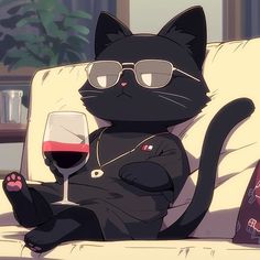 a black cat sitting on top of a couch next to a glass of red wine