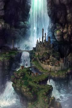 a fantasy castle in the middle of a waterfall