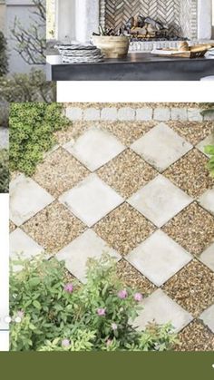 four different views of the outside of a house with plants and flowers in front of it