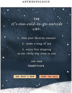 an ad for the tea shop with snow and stars on it, which is written in black