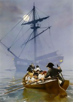 a painting of people in a row boat on the water with a ship in the background