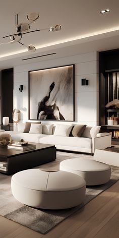 modern living room with white furniture and large painting