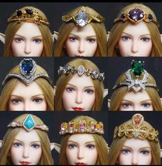 several pictures of different types of headbands on a doll's head and face