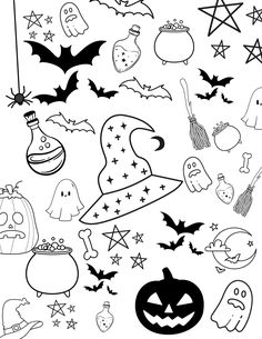 black and white halloween coloring pages with pumpkins, bats, ghostes, witches