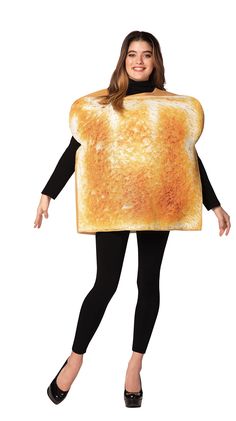 a woman wearing a toast sandwich costume