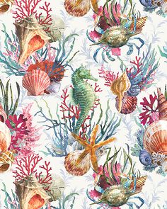 an ocean themed wallpaper with sea shells and corals on white background, watercolor