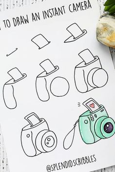 how to draw an instant camera for kids with pictures and text overlay that says how to draw an instant camera