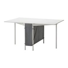 a white table with grey doors on the top and bottom, in front of a white background