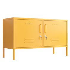 a yellow metal cabinet with two doors