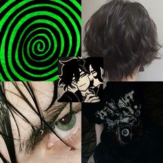 three different pictures with green and black hair, one has an eyeball in the middle