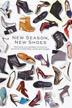 an advertisement for new season shoes with many different colors and sizes on the front cover