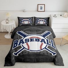 a baseball themed comforter set in a bedroom