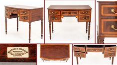 four different views of an antique desk with writing on the top and bottom, including two drawers