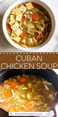 two pictures showing different types of chicken soup