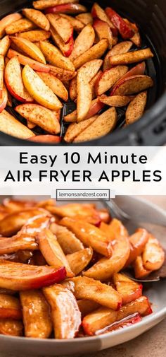 an air fryer with apples in it and the words easy 10 minute air fryer apples