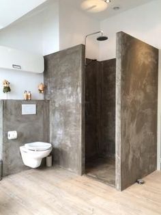 a bathroom with two stalls and a toilet next to it on a hard wood floor