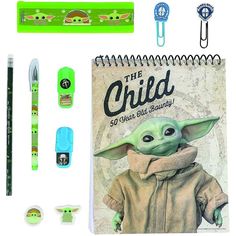 an assortment of stationery items including pens, pencils and notebook with the baby yoda character on it