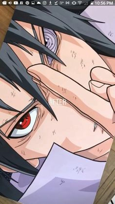 an anime character with red eyes and long black hair is looking at the camera while holding his hand up to his face