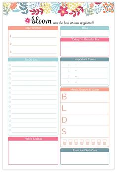 a floral printable planner with the words bloom written in pink, blue and orange