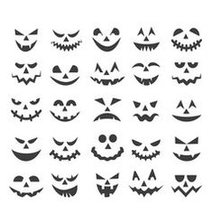 a collection of halloween pumpkin faces with different expressions and shapes, all in black on a white background