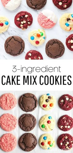 an assortment of cookies with the words 3 ingredient cake mix cookies in front of them