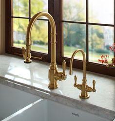 a kitchen sink and faucet in front of a window with flowers on the windowsill