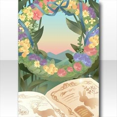 an open book with flowers and leaves on the cover, in front of a landscape