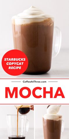 coffee is being poured into a cup with whipped cream on top and the words mocha below it