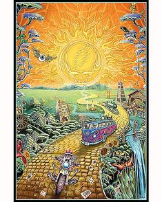 a painting with an image of a train going down the tracks in front of a sun