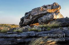 a rock formation with grass growing out of the top and rocks in the back ground