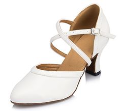 Honeystore Womens Synthetic Patent Leather Criss Cross Strap Latin Dance Shoes Ankle Strap White 85 BM US -- Check this awesome product by going to the link at the image.(This is an Amazon affiliate link and I receive a commission for the sales) Closed Toe Heels, White Wedding Shoes, Cuban Heels, Modern Shoes