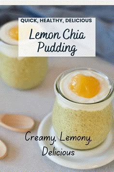 two jars filled with lemon chia pudding on top of a white plate next to spoons