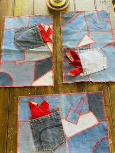 "Thanks for looking!  Set of Five  Hand made in the 80's out of used denim jeans! Great set of placemats !  With pockets for napkin holders  One napkin is missing  Back is solid with a seam down the middle! 12 x 18\" No cancellations.  Sorry we can no longer accept International sales. Please~ DO NOT REQUEST FASTEST SHIPPING IF YOU DO NOT PAY FOR FASTEST SHIPPING! Thanks!" Patchwork Placemats, Girl Scout Patches, Napkin Holders, Recycle Jeans, Crib Quilt, The 80's, Denim Patchwork, Cotton Set