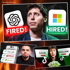 a collage of photos with the words fired, fired, and two men